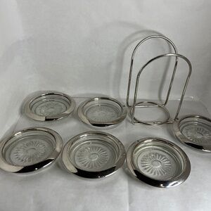 Vintage International Silver Co -6 Silver-plated & Glass Coasters w/Holder RARE